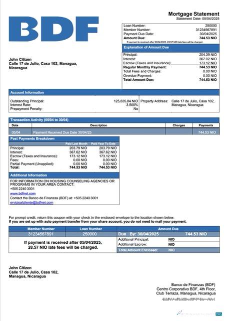 Download Nicaragua Banco de Finanzas (BDF) mortgage statement Word and PDF template Photoshop template